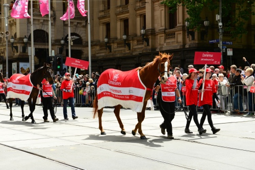 Past Melbourne Cup winner Brew (now at Living Legends) and Doriemus on parade. Photo: Chris Phutully/Flickr